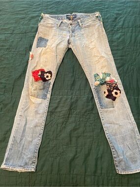 Lucky Brand Light Blue Straight Leg Jeans with Floral Patchwork